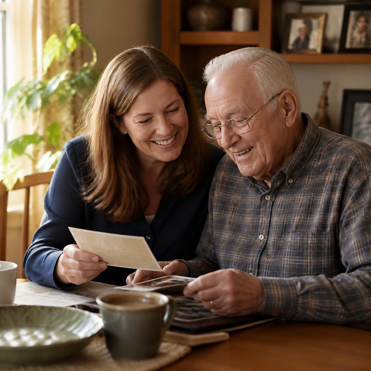 A woman and older man looking through old photos together